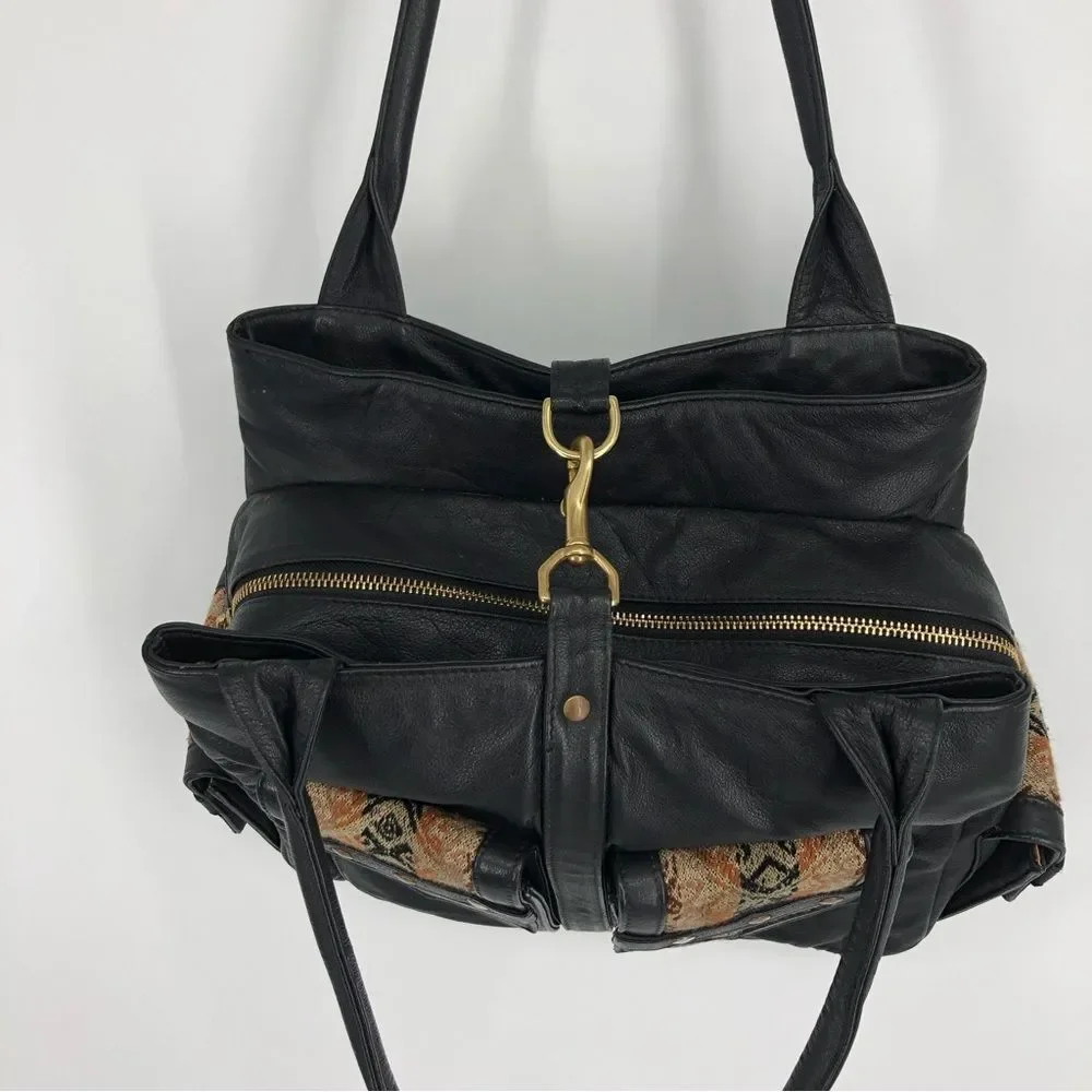John Cole Satchel Bag‎ Leather Woven Tapestry Bag Black Zip Snaps Boho Chic